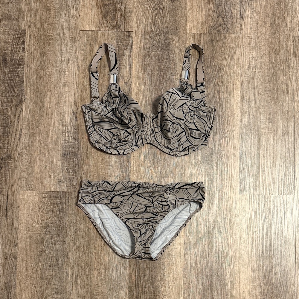 Charade Underwire Bikini Set Grey/Taupe and Black Abstract EU 70J Top 44 Bottoms